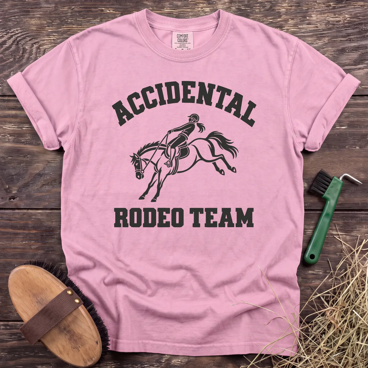 Accidental Rodeo Team bucking horse and rider T-shirt in Blossom [color: Blossom]
