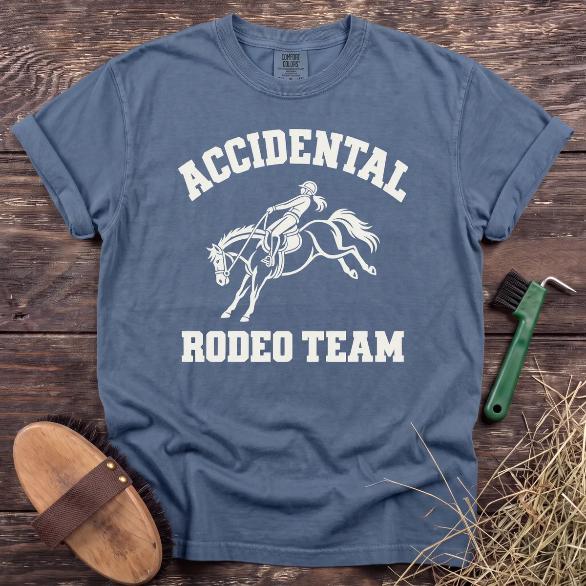 Accidental Rodeo Team bucking horse and rider T-shirt in Blue Jean [color: Blue Jean]