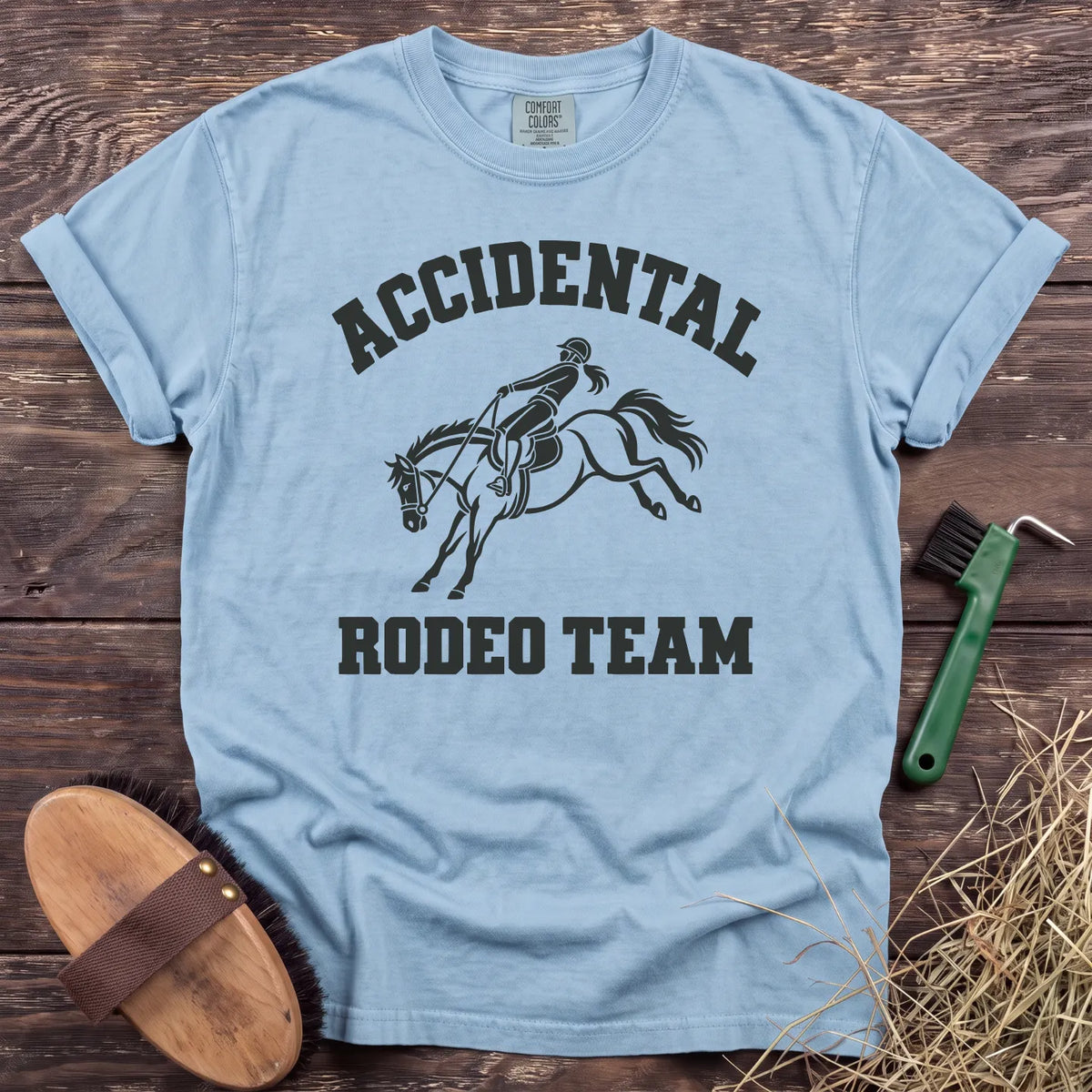Accidental Rodeo Team bucking horse and rider T-shirt in Chambray [color: Chambray]