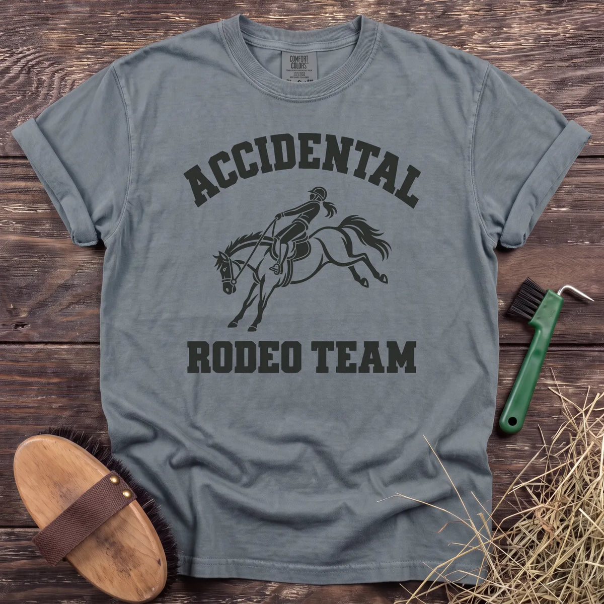 Accidental Rodeo Team bucking horse and rider T-shirt in Granite [color: Granite]