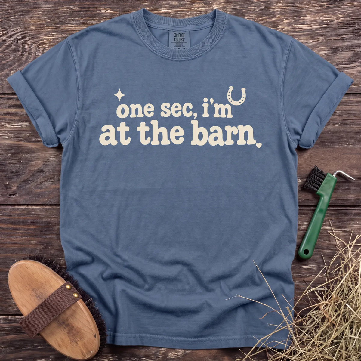 One sec, I’m at the barn graphic T-shirt in Blue Jean [color: Blue Jean]