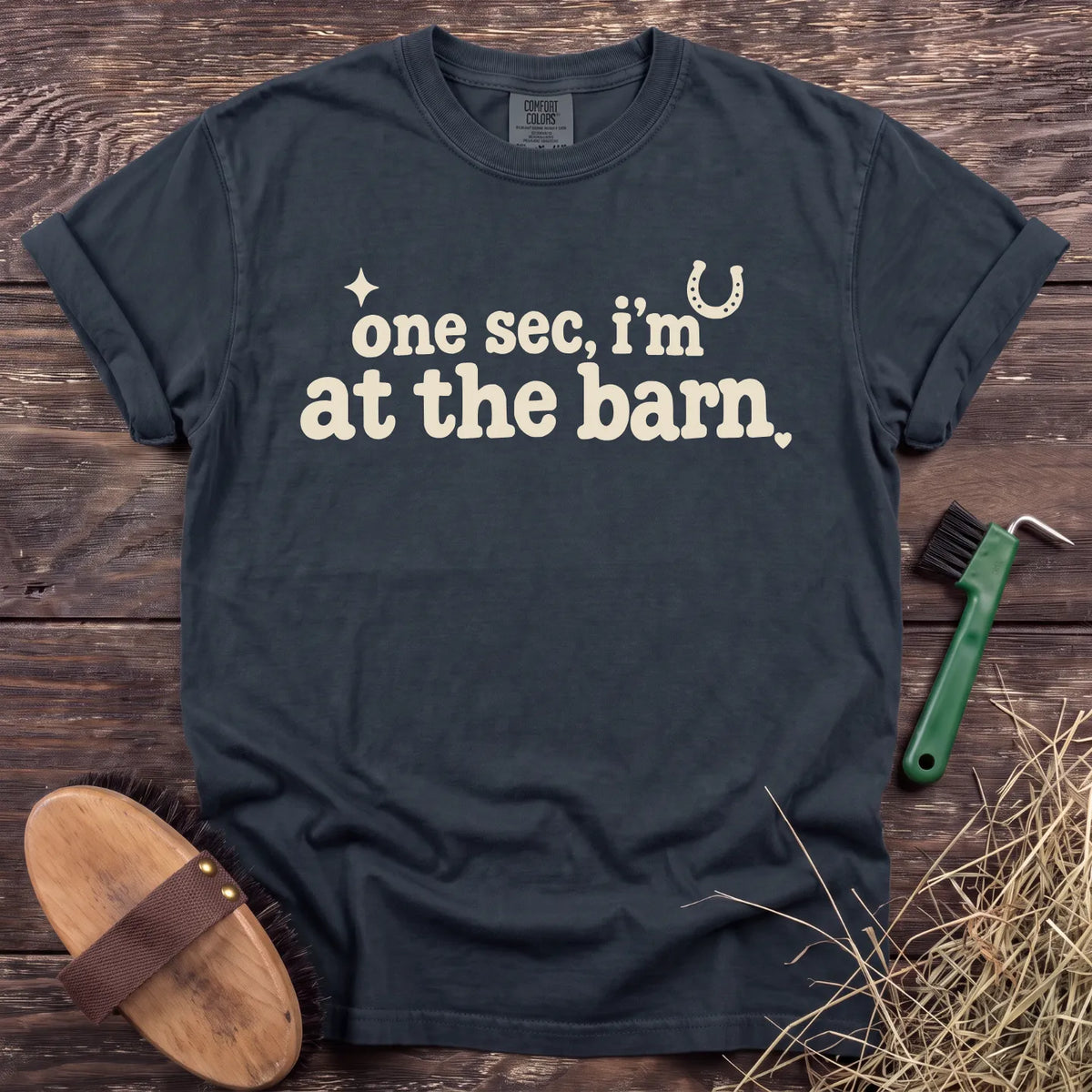 One sec, I’m at the barn graphic T-shirt in Graphite [color: Graphite]