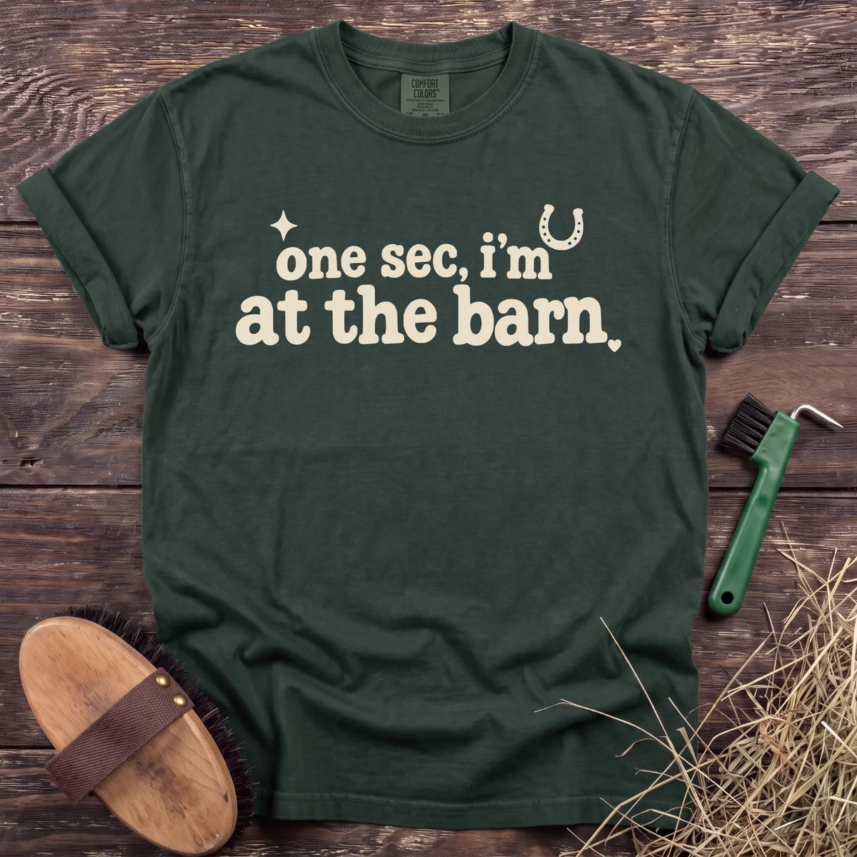 One sec, I’m at the barn graphic T-shirt in Moss [color: Moss]
