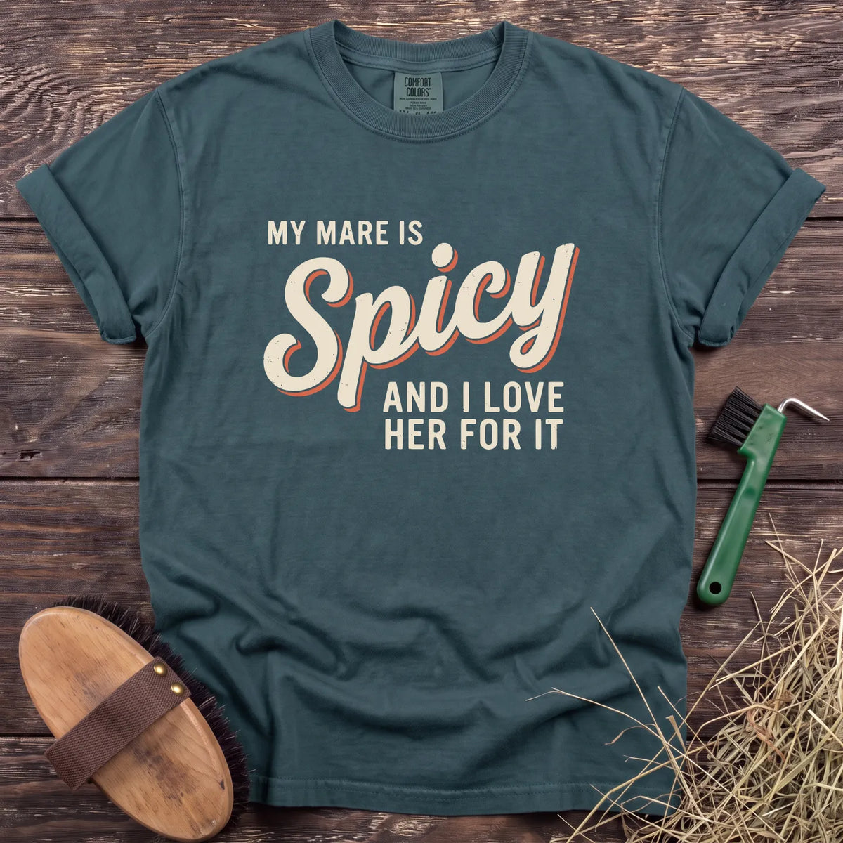 Teal "My Mare Is Spicy" t-shirt with playful typography, perfect for horse lovers.