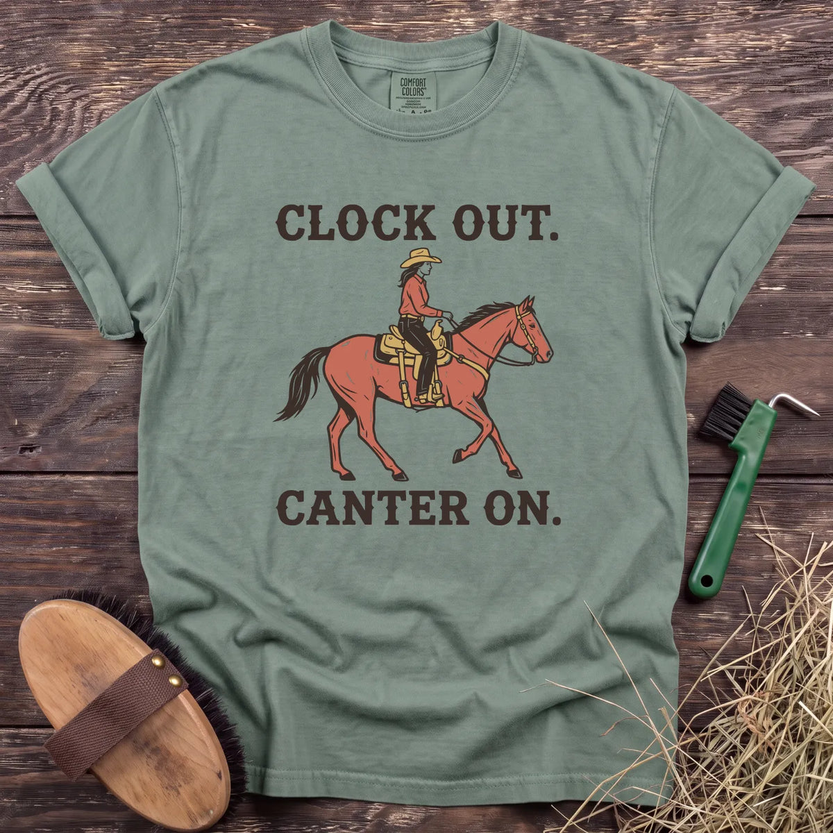 Clock Out Canter On T-Shirt in Bay [color: Bay]