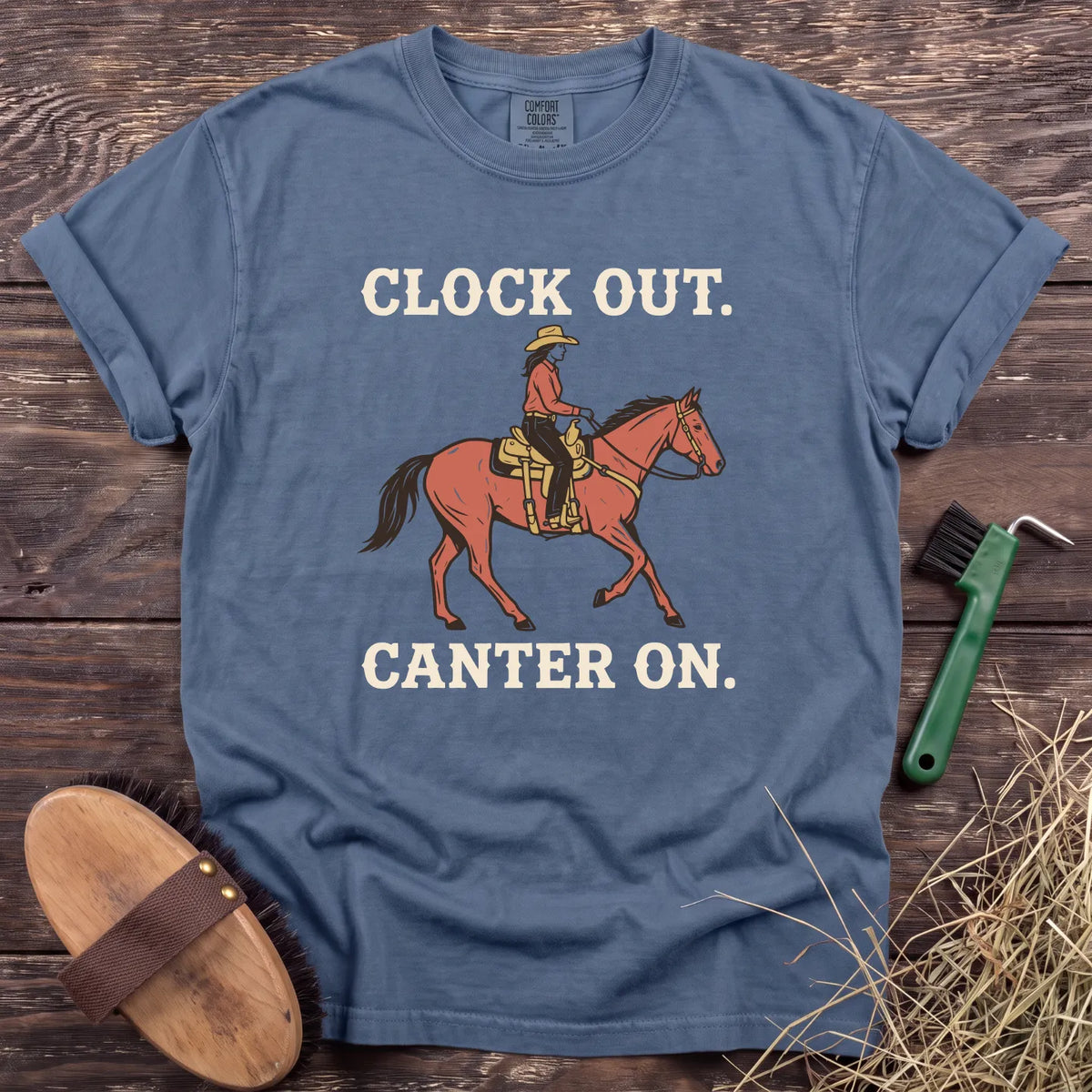 Clock Out Canter On T-Shirt in Blue Jean [color: Blue Jean]