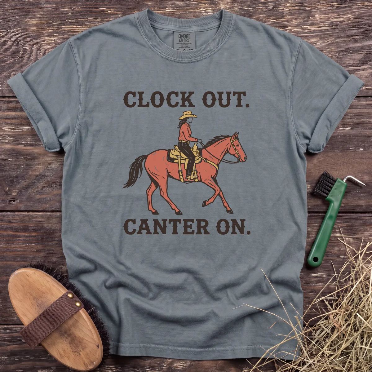 Clock Out Canter On T-Shirt in Granite [color: Granite]