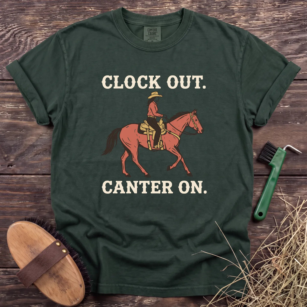 Clock Out Canter On T-Shirt in Moss [color: Moss]
