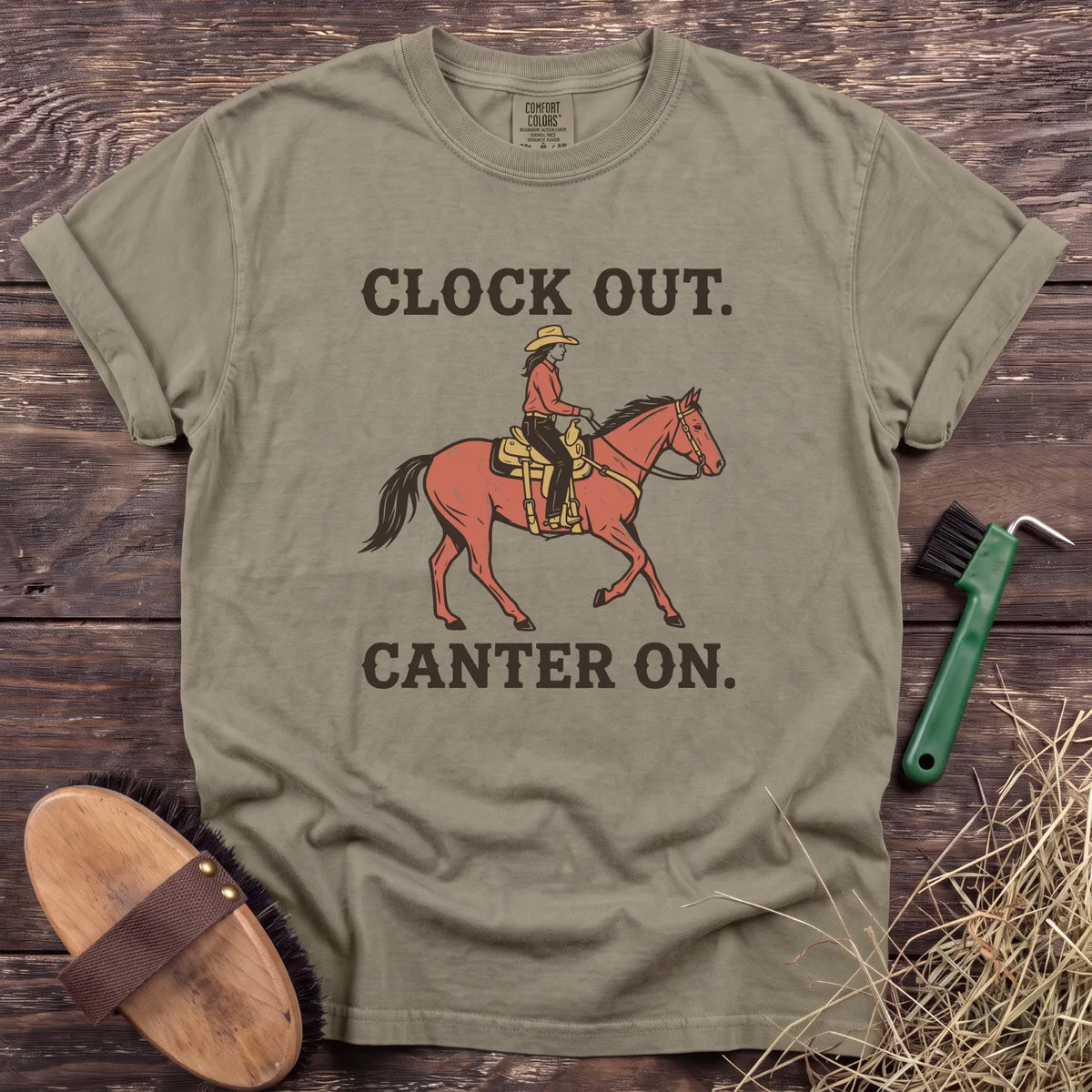 Clock Out Canter On T-Shirt in Sandstone [color: Sandstone]