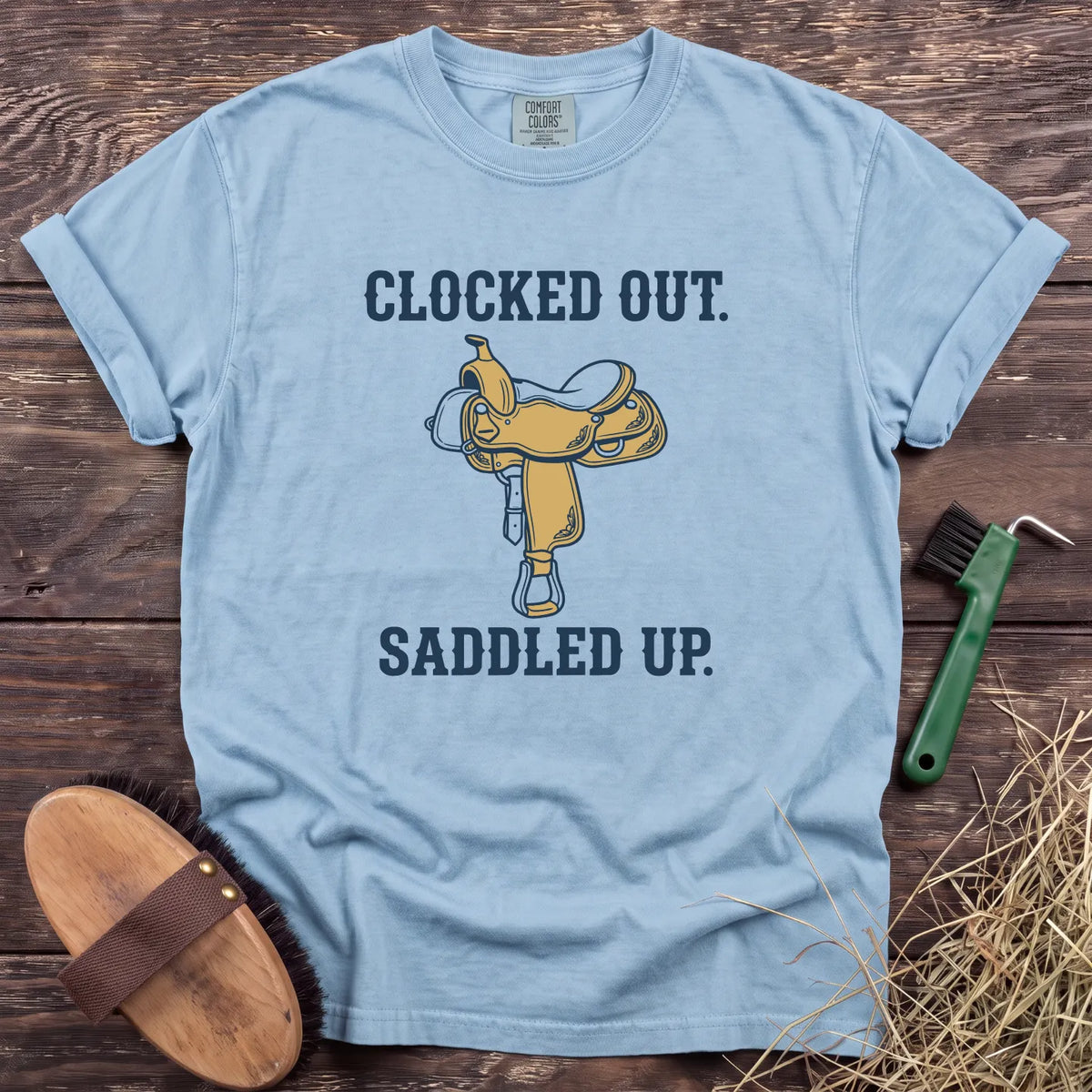Clocked Out Saddled Up T-Shirt in Chambray [color: Chambray]