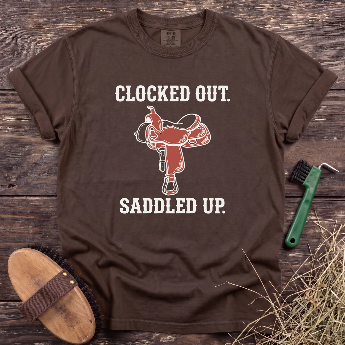 Clocked Out Saddled Up T-Shirt in Espresso [color: Espresso]