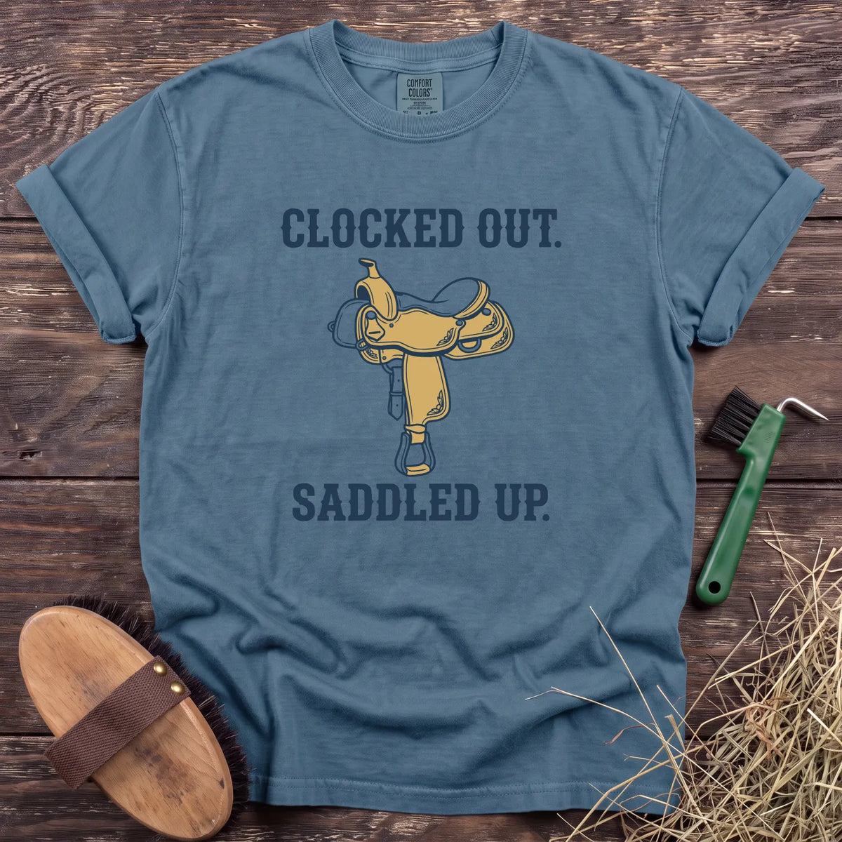 Clocked Out Saddled Up T-Shirt in Ice Blue [color: Ice Blue]