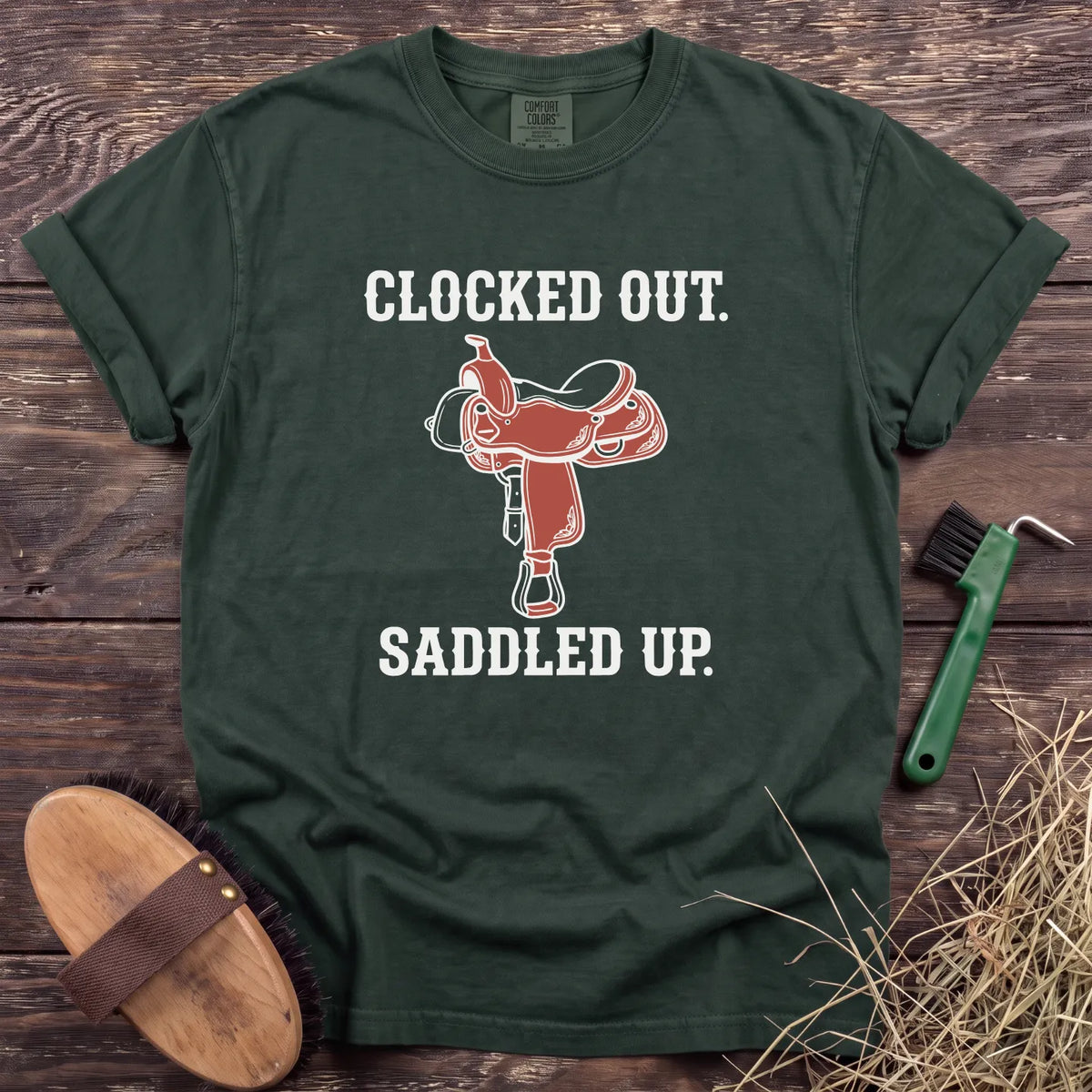 Clocked Out Saddled Up T-Shirt in Moss [color: Moss]