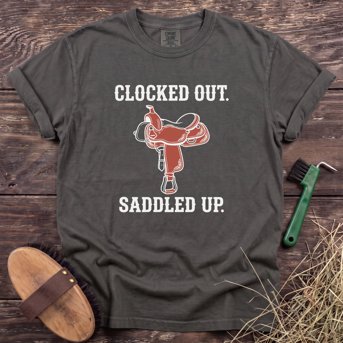Clocked Out Saddled Up T-Shirt in Pepper [color: Pepper]