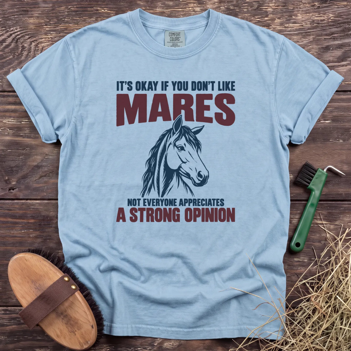 Don't like mares, strong opinion horse graphic T-shirt in Chambray [color: Chambray]