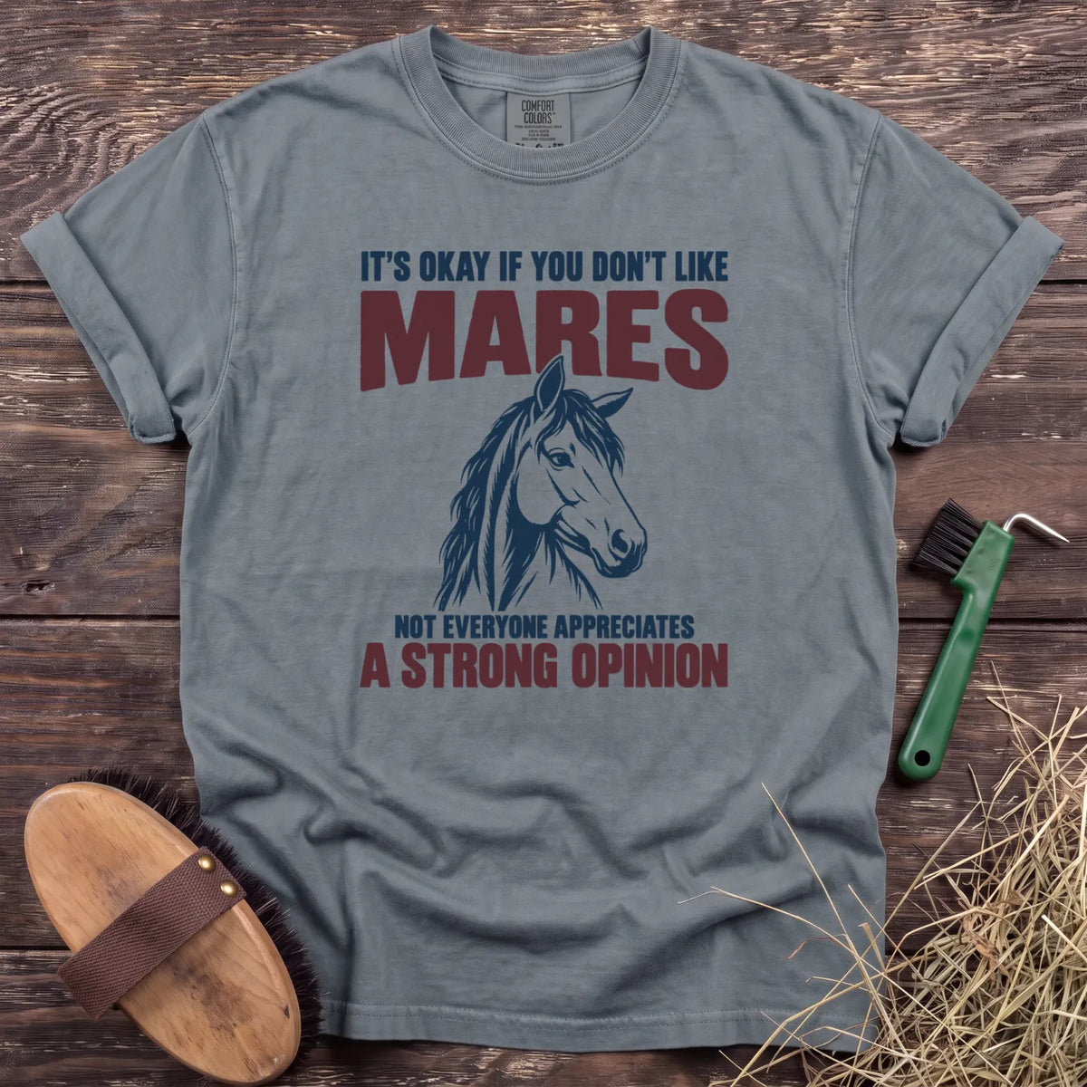 Don't like mares, strong opinion horse graphic T-shirt in Granite [color: Granite]