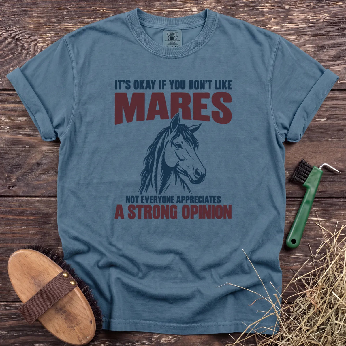 Don't like mares, strong opinion horse graphic T-shirt in Ice Blue [color: Ice Blue]