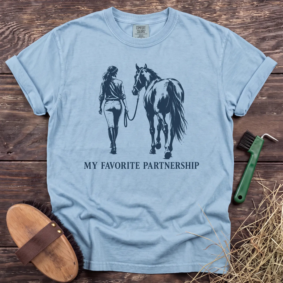 My Favorite Partnership rider and horse T-shirt in Chambray [color: Chambray]