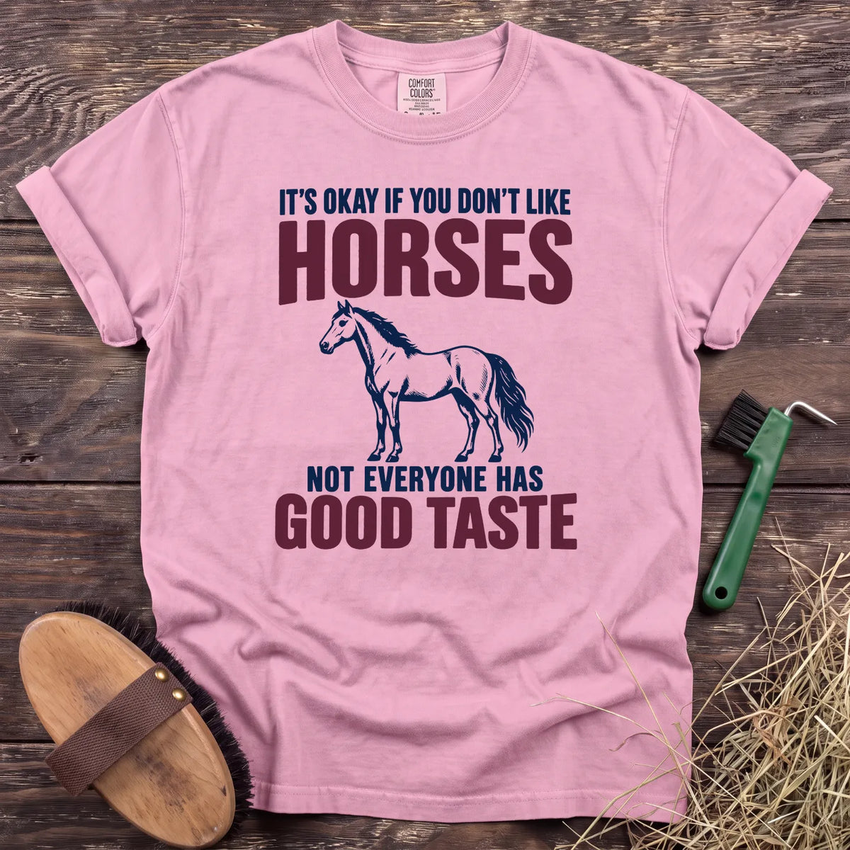Good Taste horse humor T-shirt in Blossom [color: Blossom]
