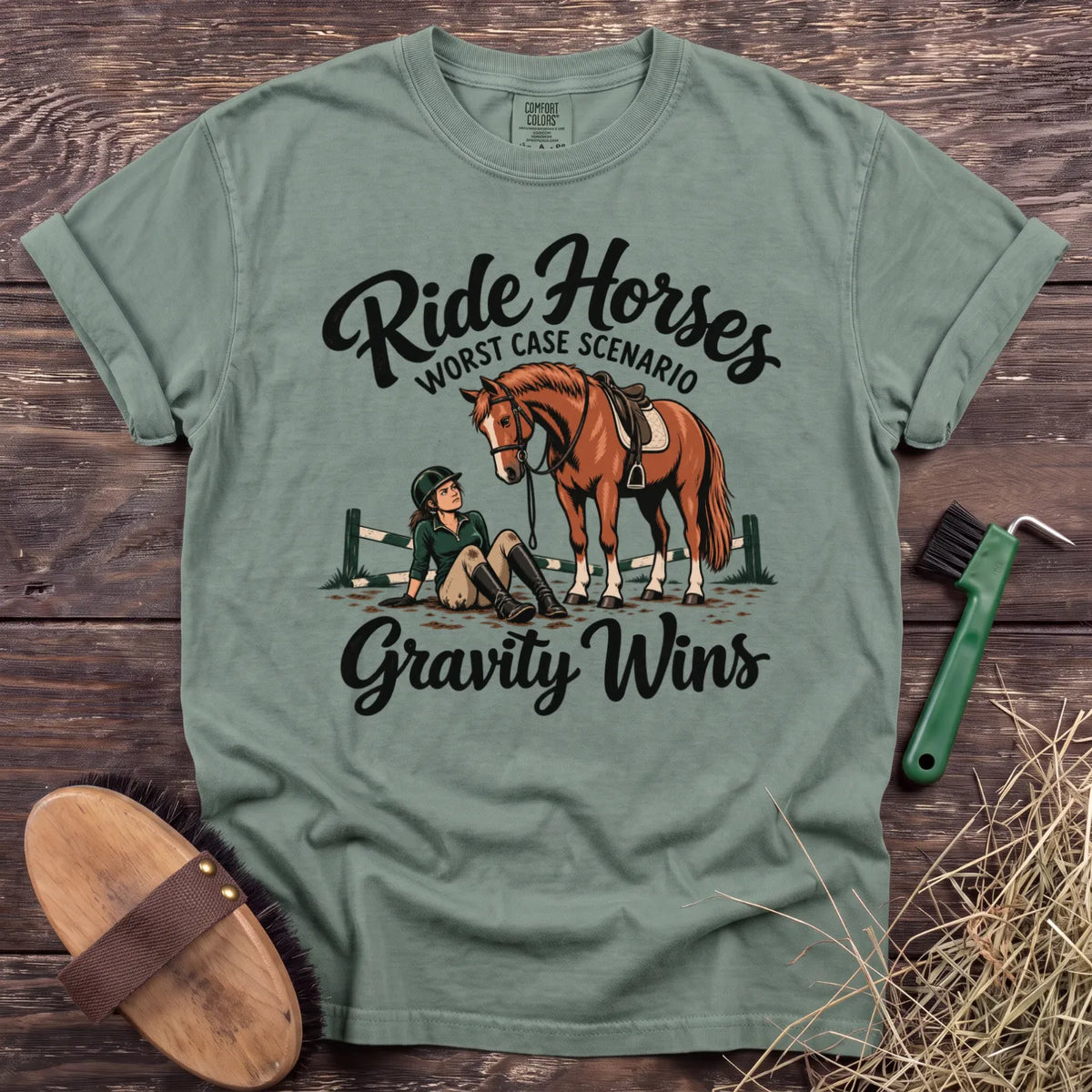 Ride Horses, Worst Case Gravity Wins T-shirt in Bay with horse and seated rider [color: Bay]