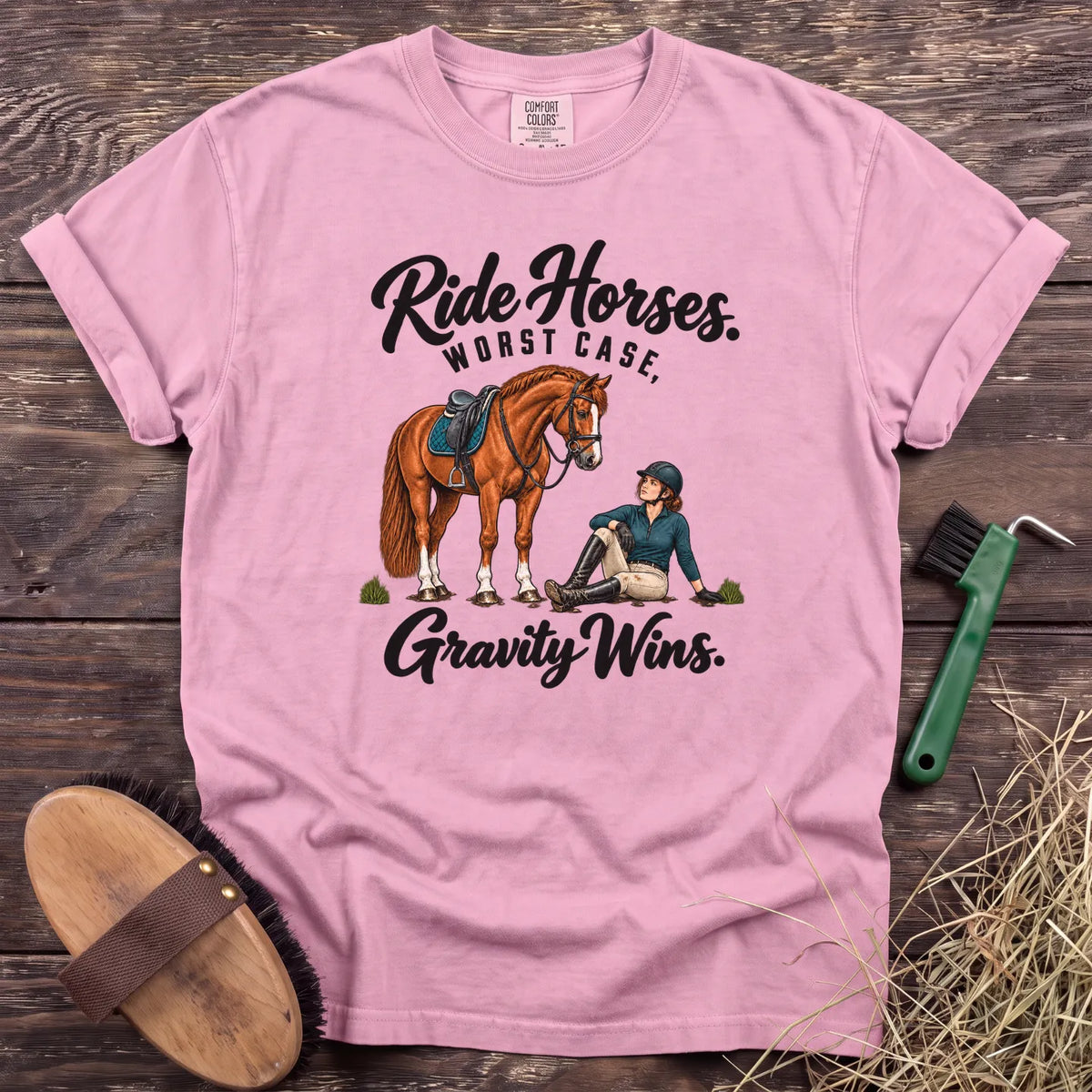 Ride Horses, Worst Case Gravity Wins T-shirt in Blossom with horse and seated rider [color: Blossom]