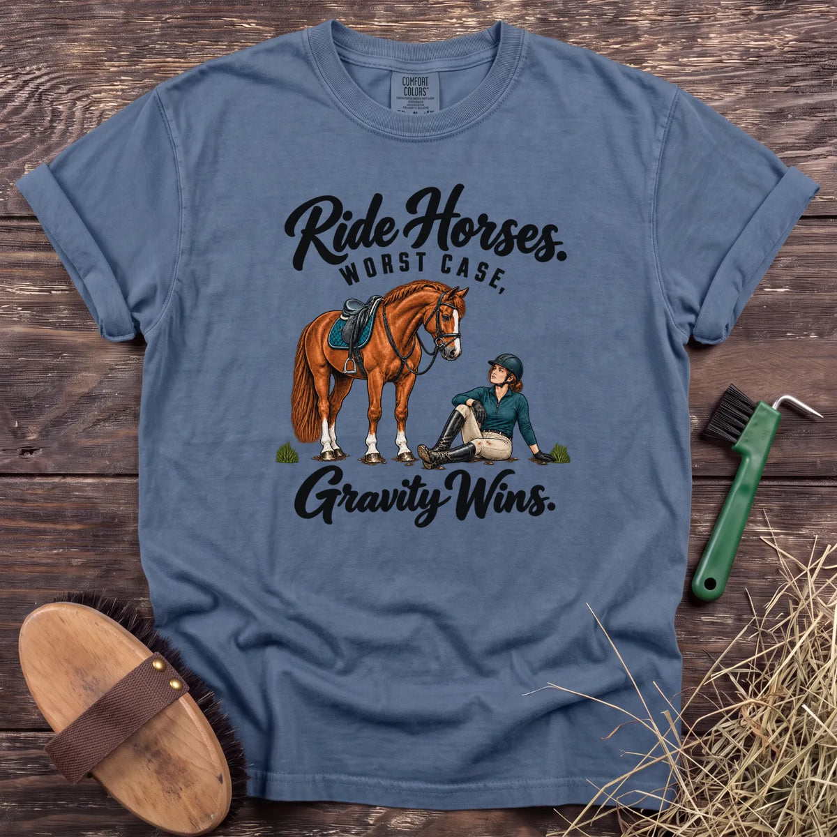 Ride Horses, Worst Case Gravity Wins T-shirt in Blue Jean with horse and seated rider [color: Blue Jean]