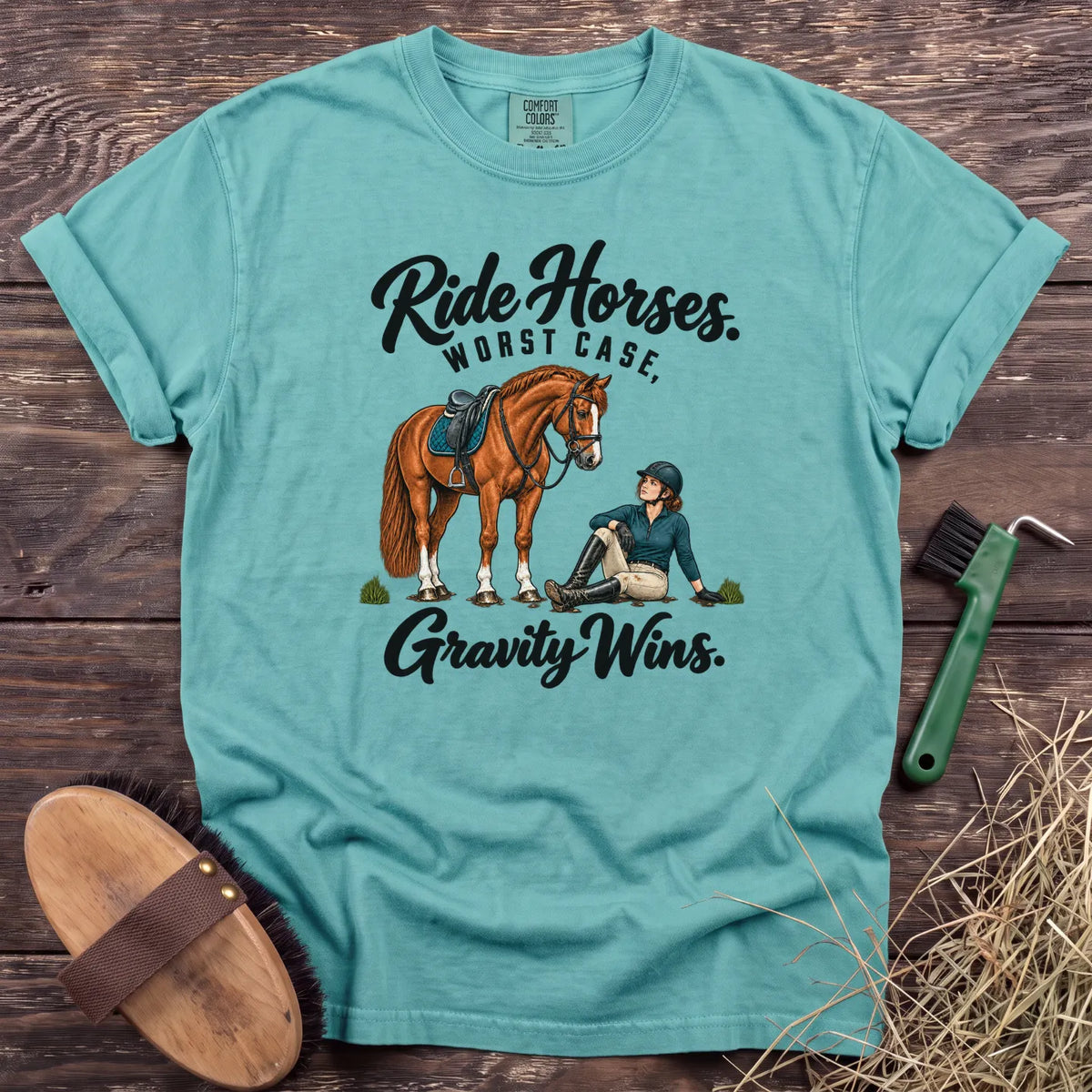 Ride Horses, Worst Case Gravity Wins T-shirt in Chalky Mint with horse and seated rider [color: Chalky Mint]