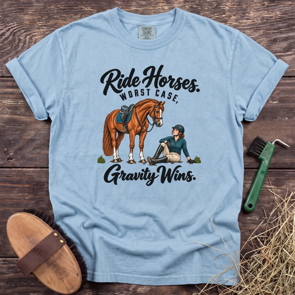 Ride Horses, Worst Case Gravity Wins T-shirt in Chambray with horse and seated rider [color: Chambray]