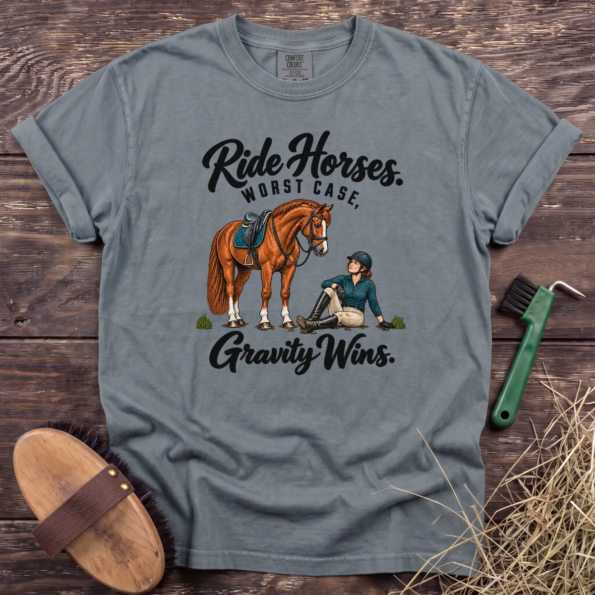 Ride Horses, Worst Case Gravity Wins T-shirt in Granite with horse and seated rider [color: Granite]