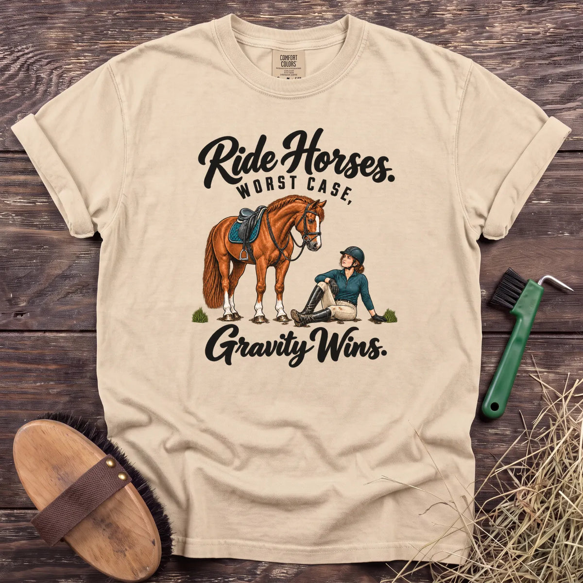 Ride Horses, Worst Case Gravity Wins T-shirt in Ivory with horse and seated rider [color: Ivory]