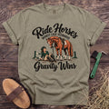 Ride Horses, Worst Case Scenario Gravity Wins T-shirt in Sandstone with horse and seated rider [color: Sandstone]
