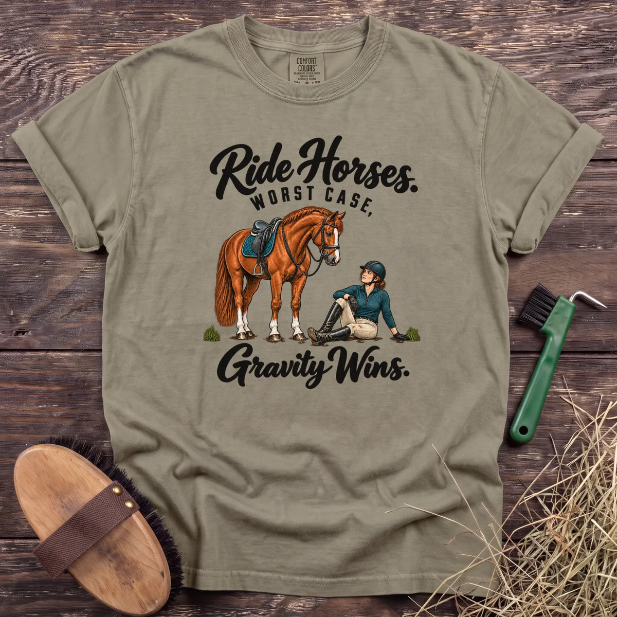 Ride Horses, Worst Case Gravity Wins T-shirt in Sandstone with horse and seated rider [color: Sandstone]