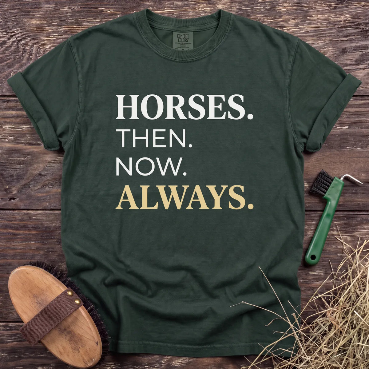 Horses Then Now Always T-Shirt in Moss [color: Moss]