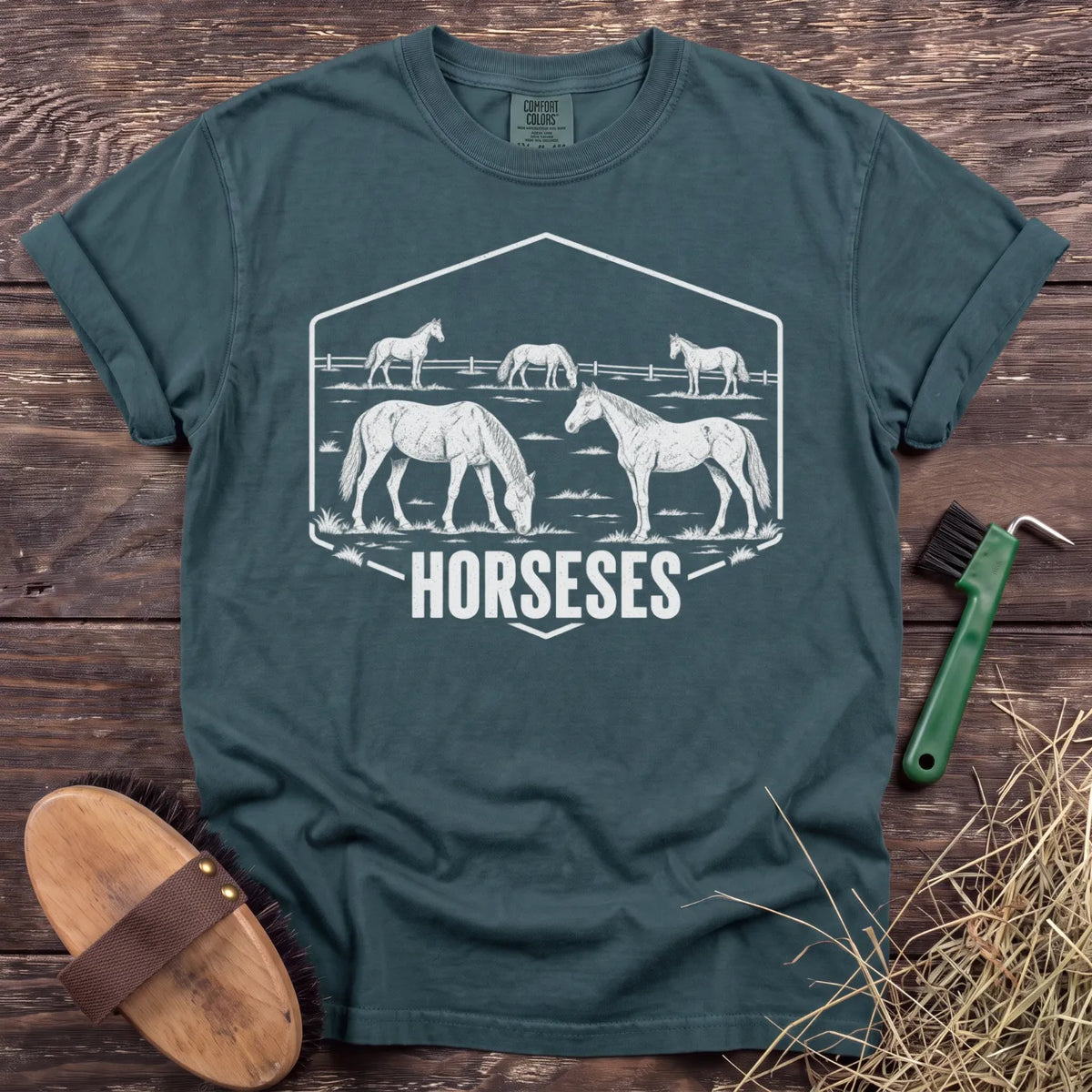 Horseses T-shirt in Blue Spruce with a white illustrated horse herd [color: Blue Spruce]