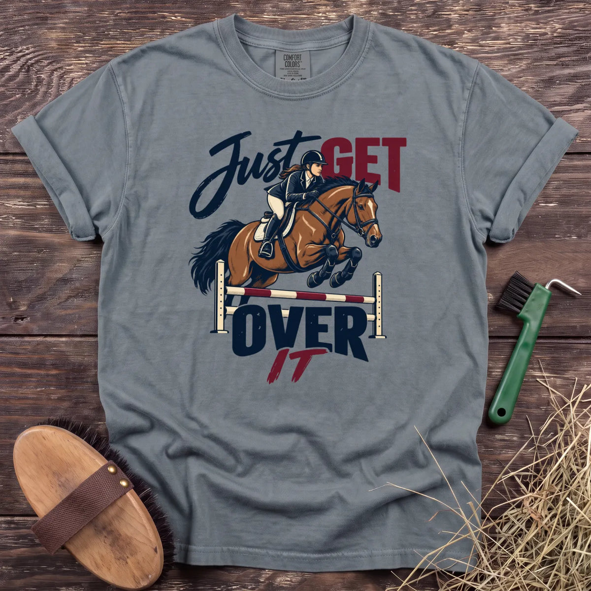 Just Get Over It jumping horse and rider T-shirt in Granite [color: Granite]