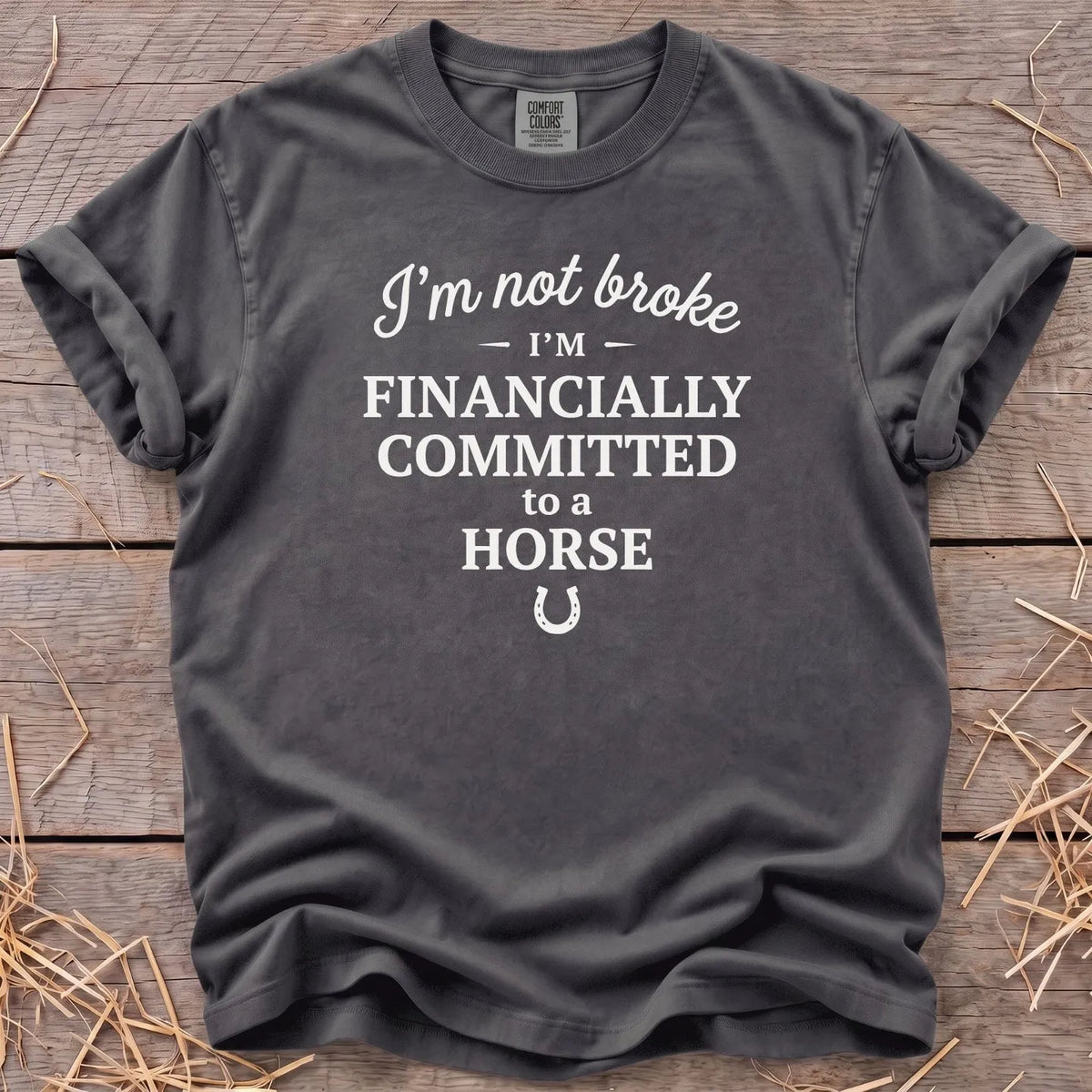 Not Broke financially committed to a horse T-shirt in Pepper [color: Pepper]