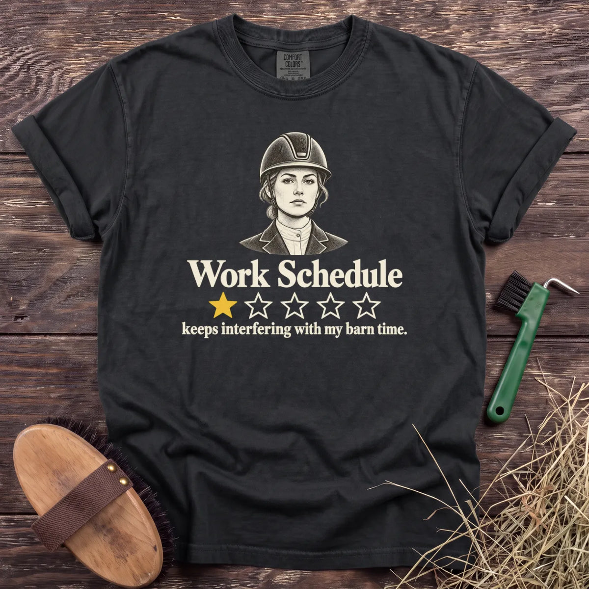 Work Schedule one-star review equestrian T-shirt in Black [color: Black]