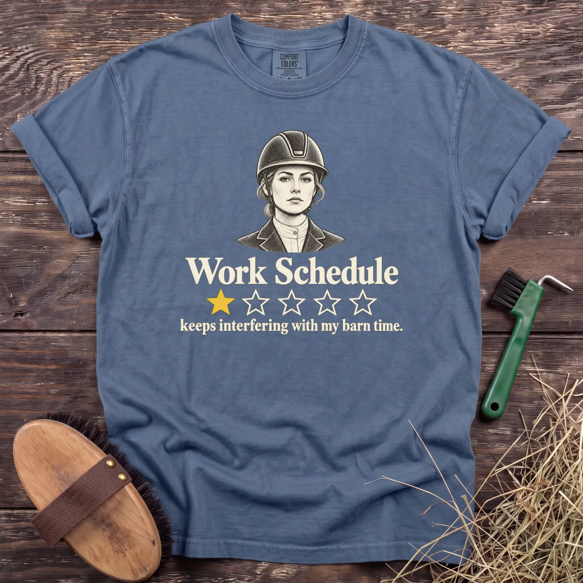 Work Schedule one-star review equestrian T-shirt in Blue Jean [color: Blue Jean]