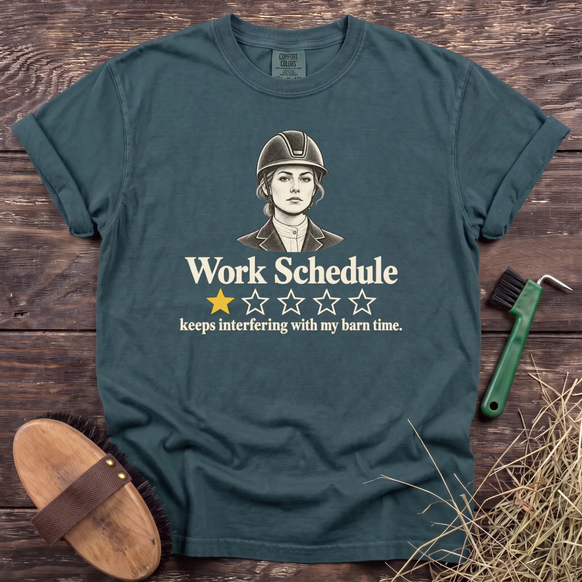 Work Schedule one-star review equestrian T-shirt in Blue Spruce [color: Blue Spruce]