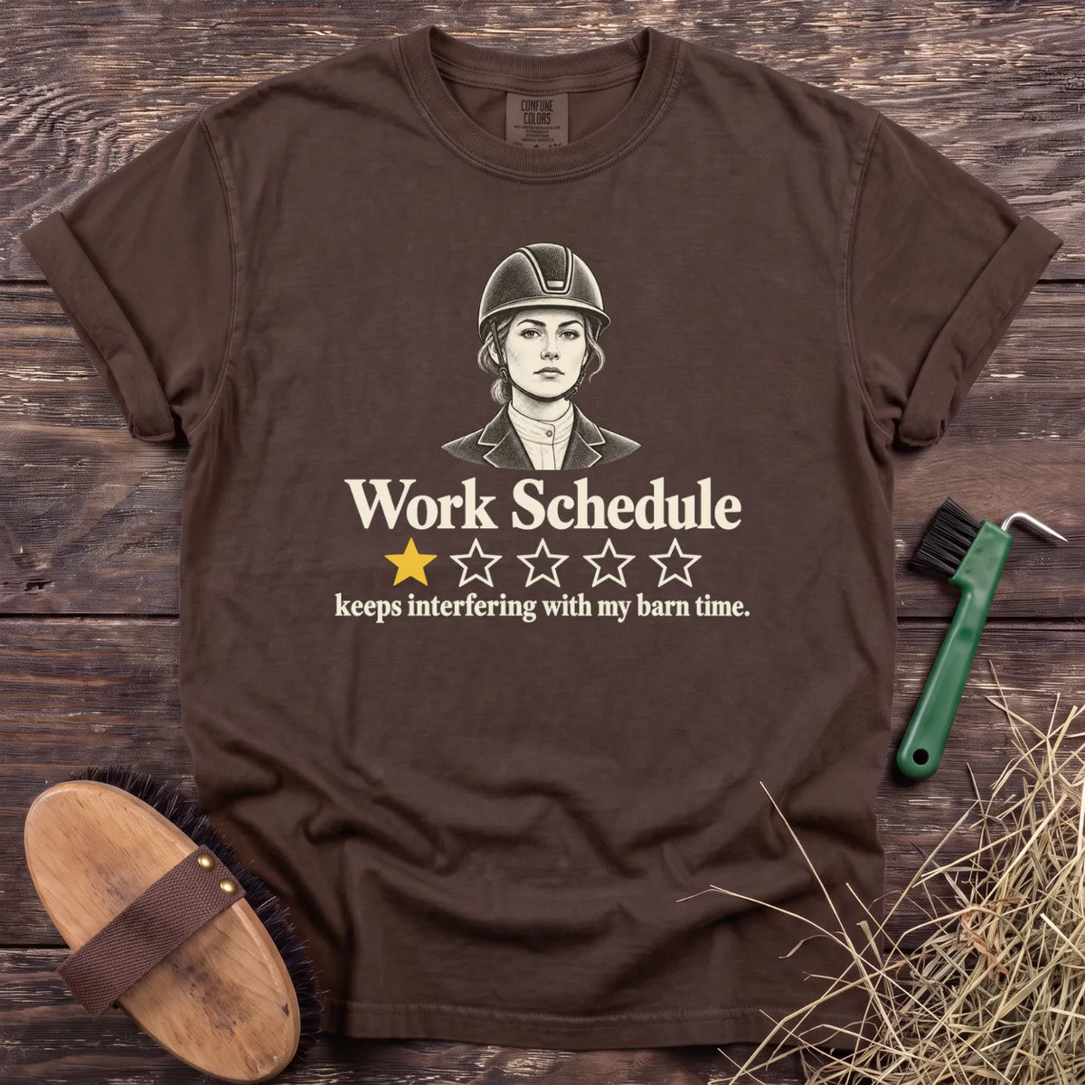 Work Schedule one-star review equestrian T-shirt in Espresso [color: Espresso]