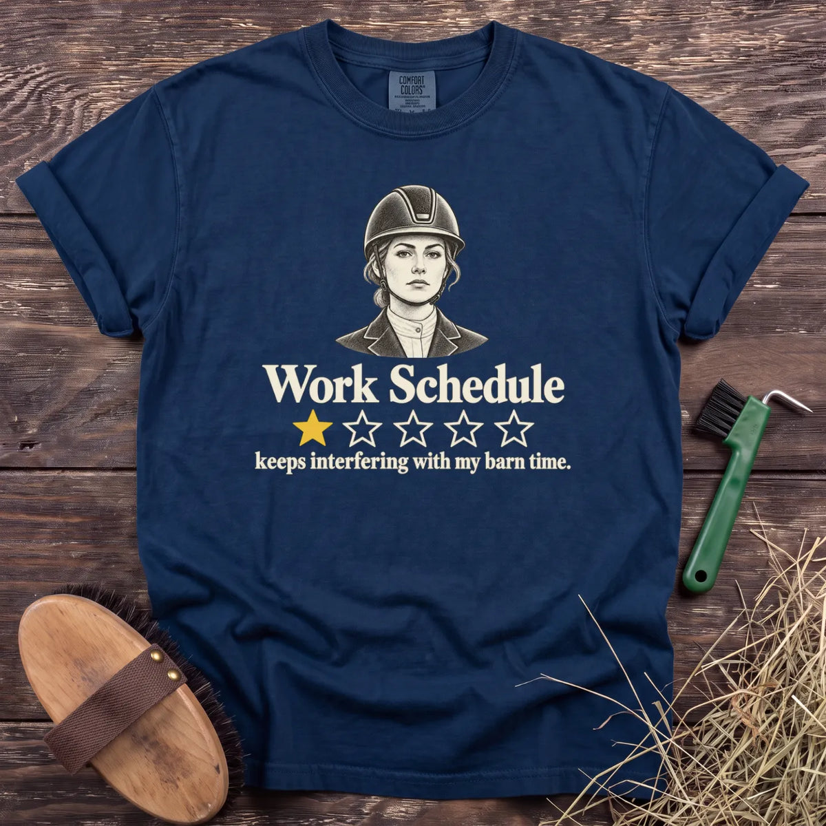 Work Schedule one-star review equestrian T-shirt in Navy [color: Navy]
