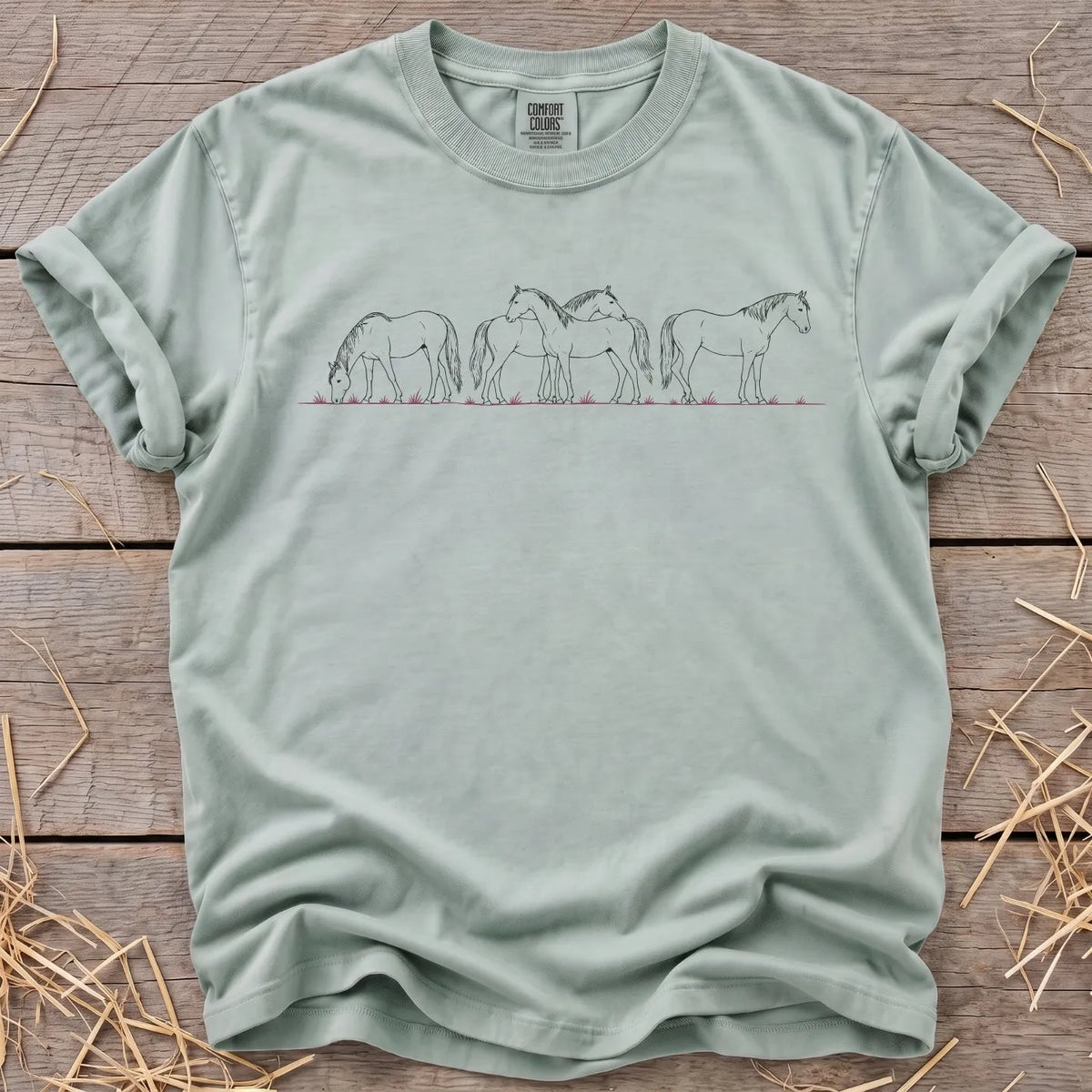 Peaceful herd horse line-art T-shirt in Bay [color: Bay]
