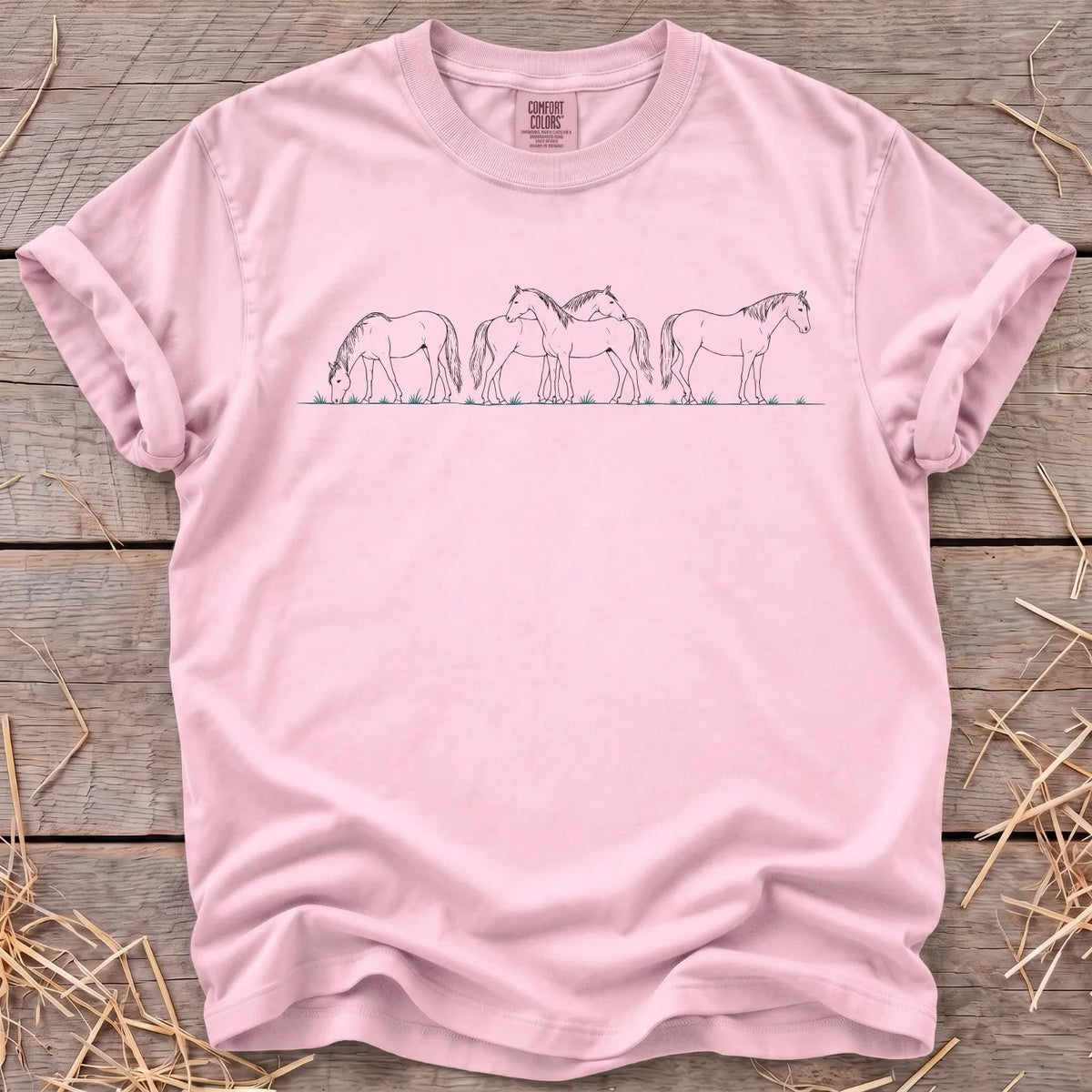 Peaceful herd horse line-art T-shirt in Blossom [color: Blossom]