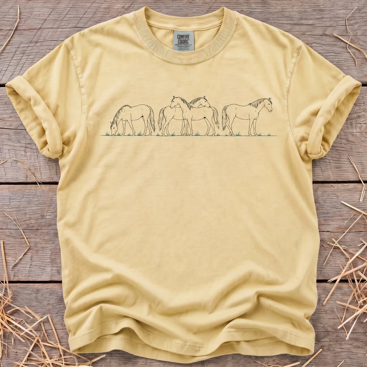 Peaceful herd horse line-art T-shirt in Butter [color: Butter]