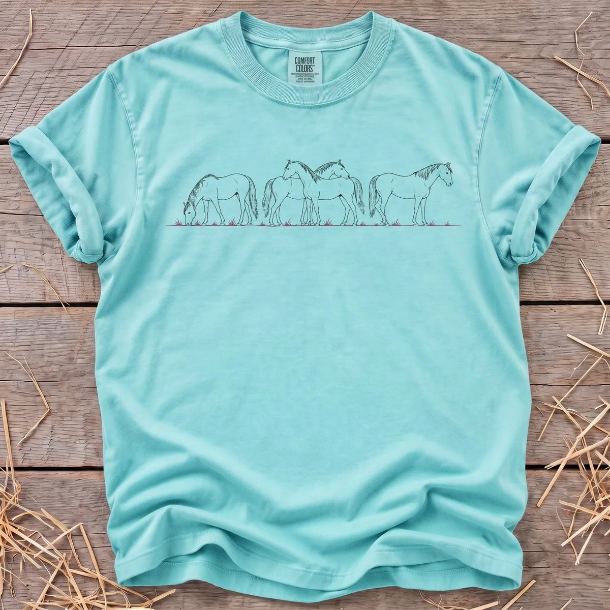 Peaceful herd horse line-art T-shirt in Chalky Mint [color: Chalky Mint]