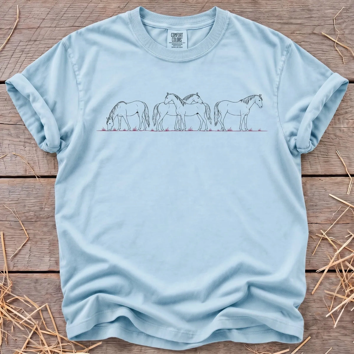 Peaceful herd horse line-art T-shirt in Chambray [color: Chambray]