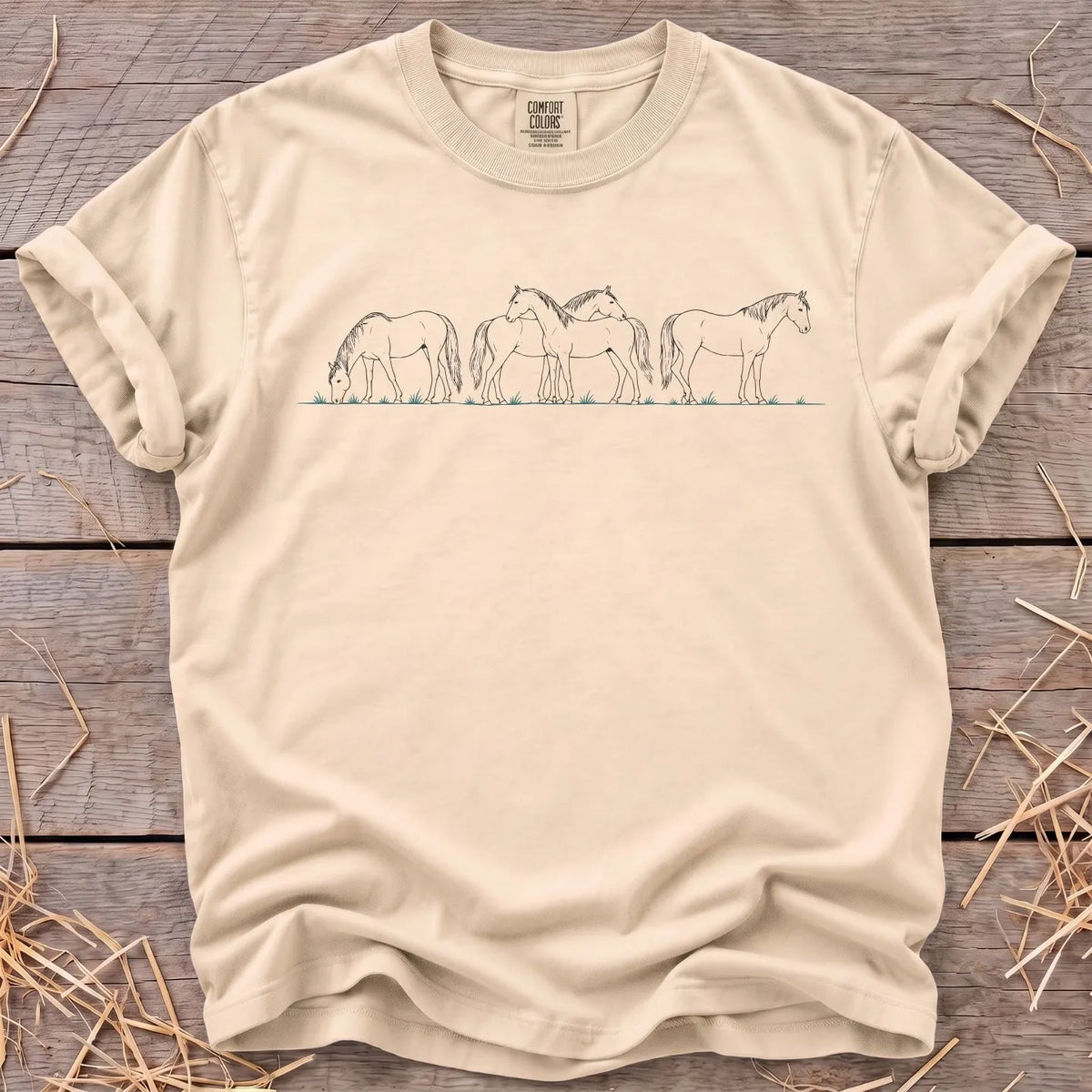 Peaceful herd horse line-art T-shirt in Ivory [color: Ivory]