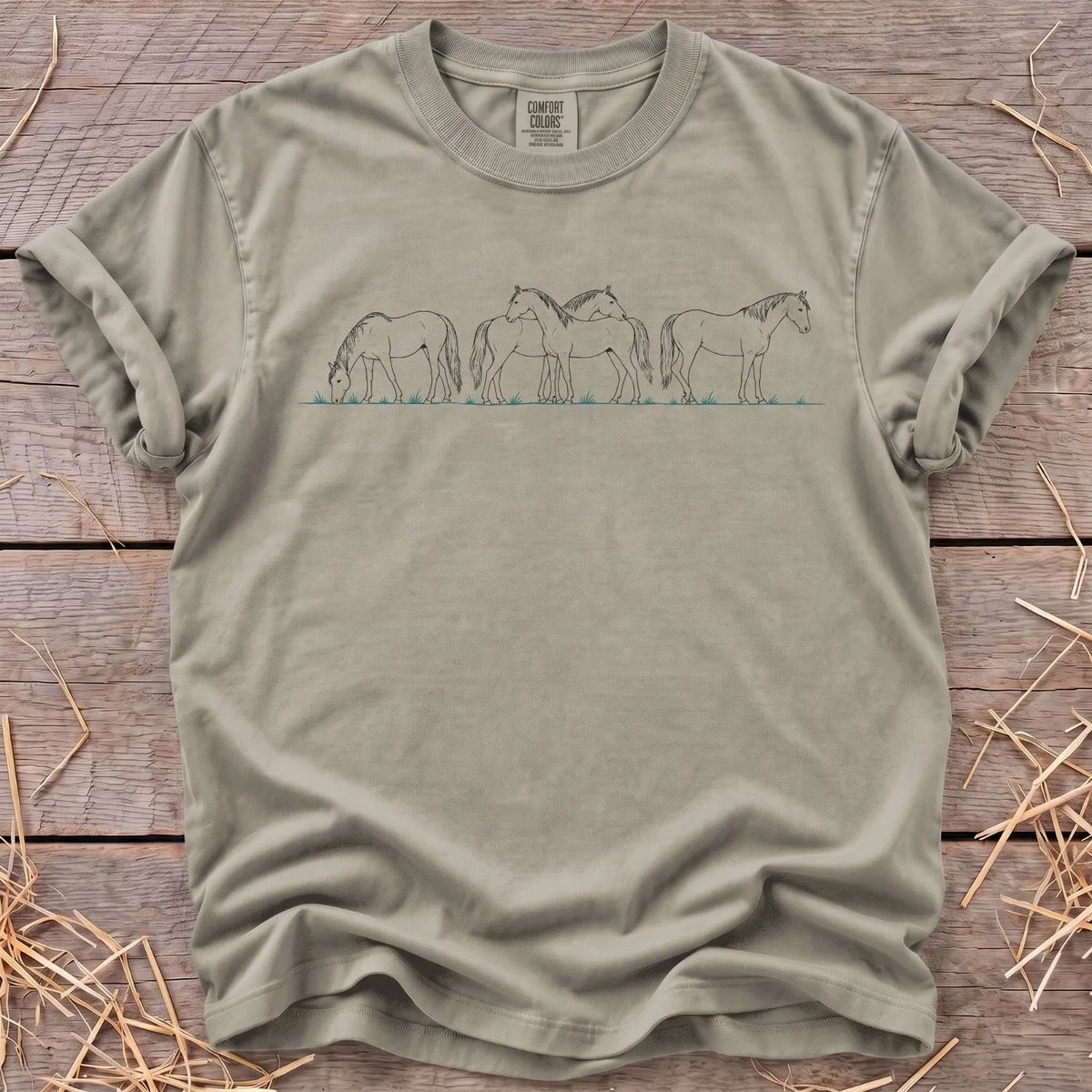 Peaceful herd horse line-art T-shirt in Sandstone [color: Sandstone]