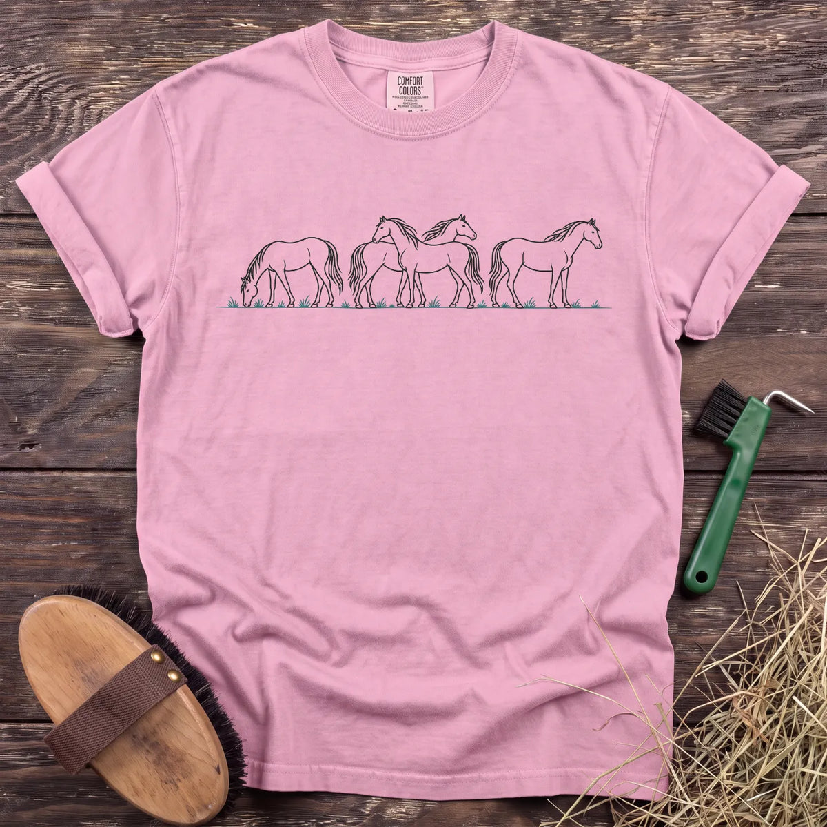 Peaceful herd horse line-art T-shirt in Blossom [color: Blossom]