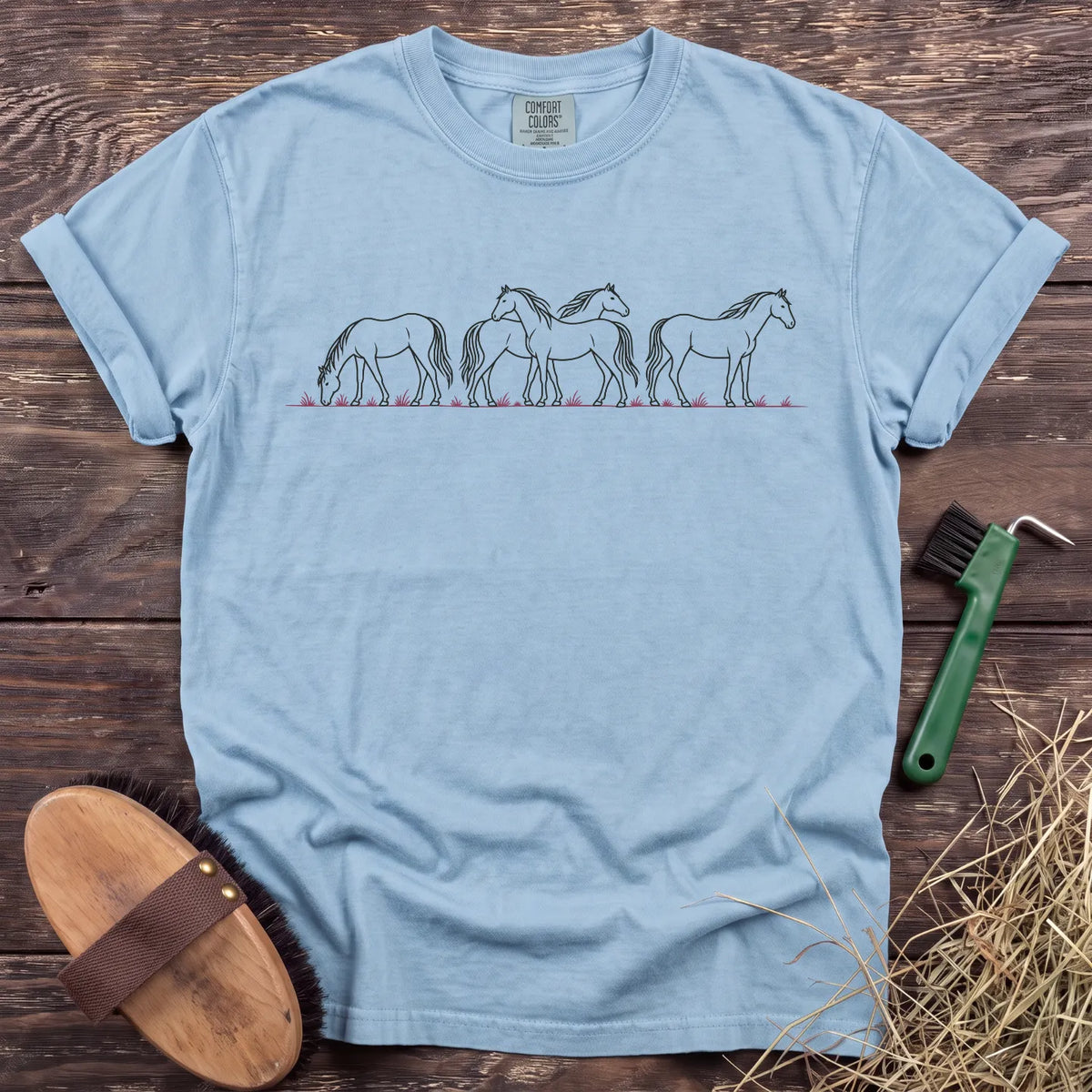 Peaceful herd horse line-art T-shirt in Chambray [color: Chambray]